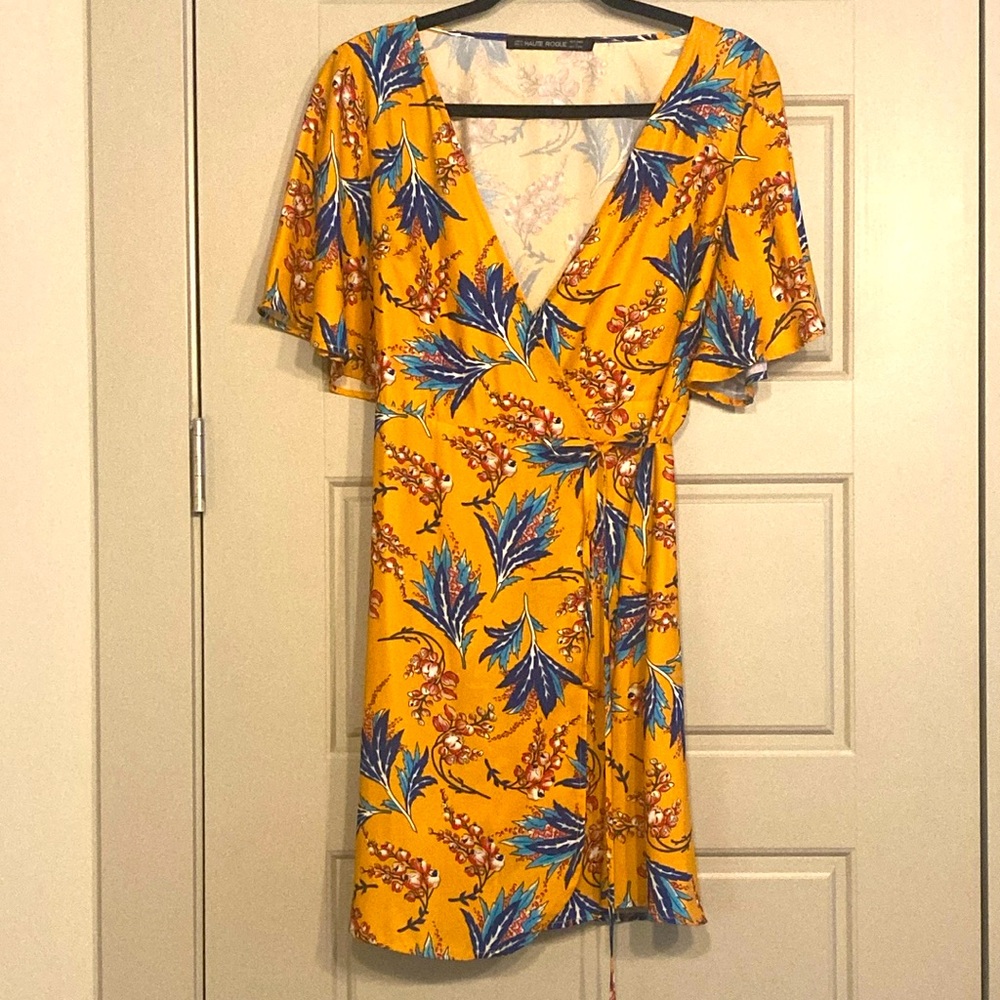 Bright gold floral mini wrap dress